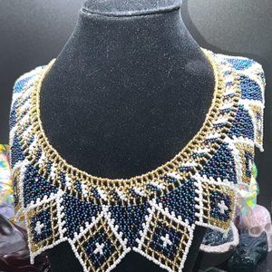 White, Blue , Iridescent & Gold Beaded Fleco Necklace from Chiapas Mexico